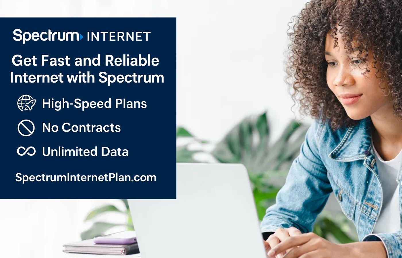 Spectrum Internet benefits including high-speed plans, no contracts, and unlimited data with SpectrumInternetPlan.com branding