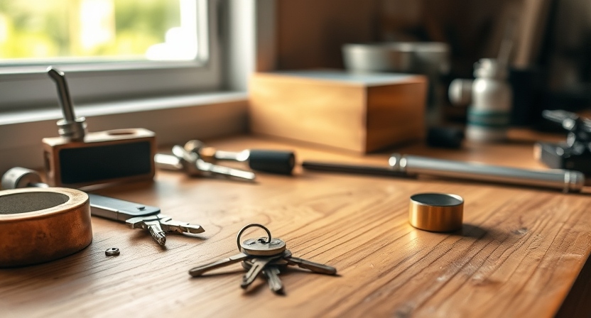 Metal keys and professional cutting equipment on a workbench