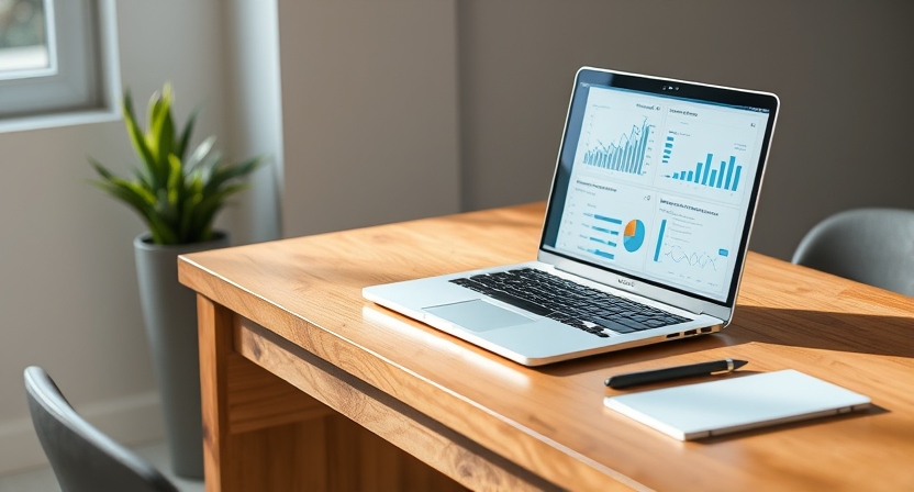 A modern office desk featuring a laptop displaying website analytics and a notepad with digital marketing strategy notes.